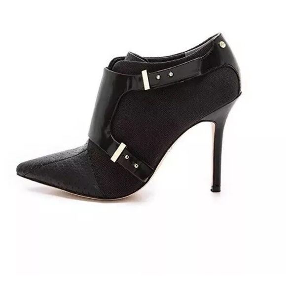 Rachel Roy Alena Leather Harness Snakeskin Pointed Black Heeled Booties - Picture 1 of 16